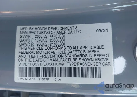 2021 Honda Accord Sport из США, поврежденный, VIN 1HGCV1F3XMA110349